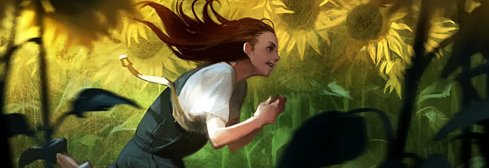 Illustrazione di una giovane Sarah Kerrigan che corre tra i girasoli.