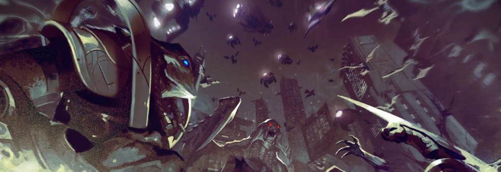 Illustrazione che mostra una battaglia tra Protoss e Zerg.